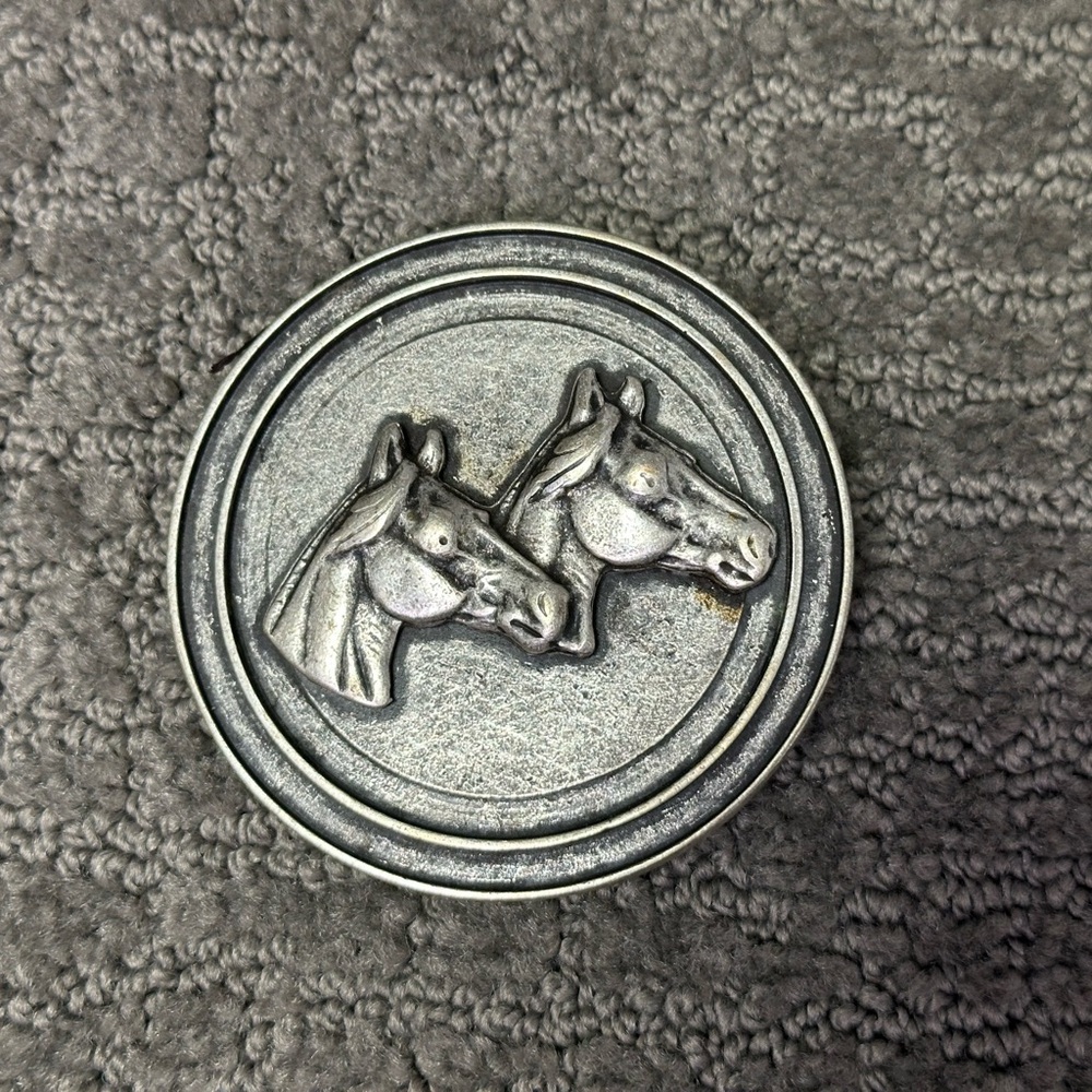 Vintage 2 Horse Heads Belt Buckle Silver Tone #2